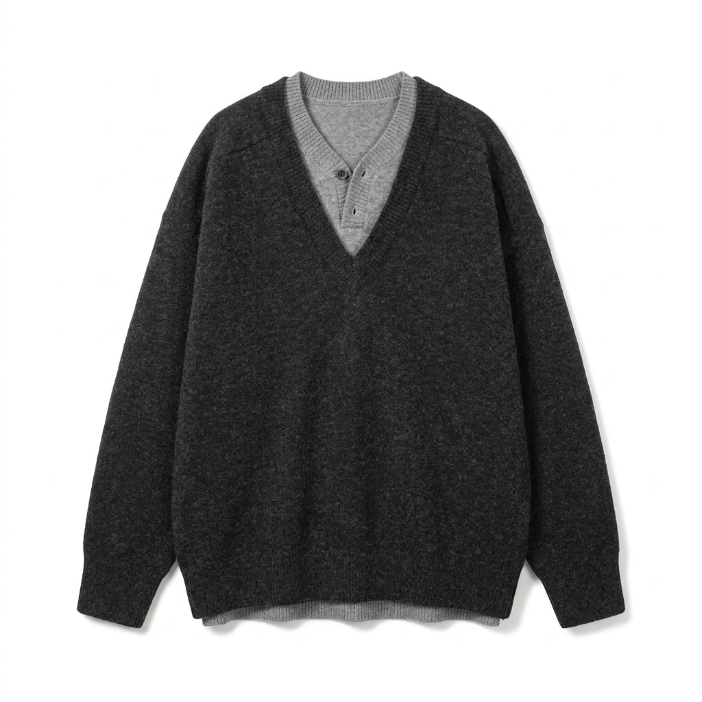 [WHOLESALE ONLY - CONTACT TO ORDER] Women's / Unisex Preppy 2-in-1 Layered Deep V-Neck Knit Pullover Sweater with Ribbed Henley Insert (Heather Charcoal Grey & Heather Light Grey) [AW-223]