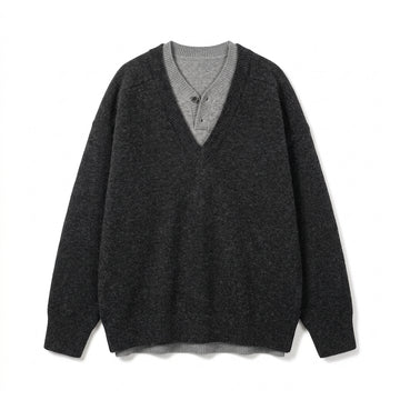 [WHOLESALE ONLY - CONTACT TO ORDER] Women's / Unisex Preppy 2-in-1 Layered Deep V-Neck Knit Pullover Sweater with Ribbed Henley Insert (Heather Charcoal Grey & Heather Light Grey) [AW-223]