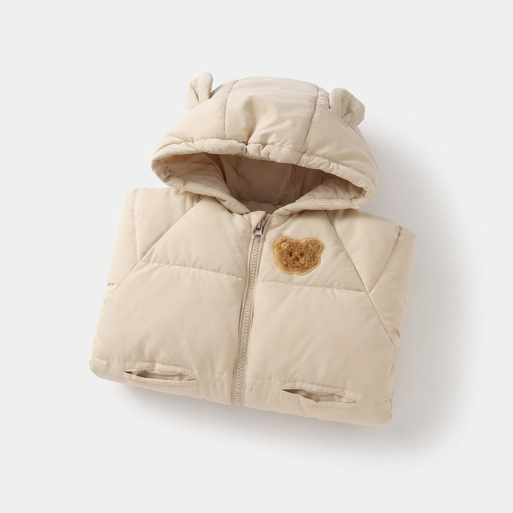 [WHOLESALE ONLY - CONTACT TO ORDER] Toddler Baby Winter Hooded Puffer Jacket - Cute 3D Bear Ears Plush Patch Cotton Padded Warm Coat [KW-171]