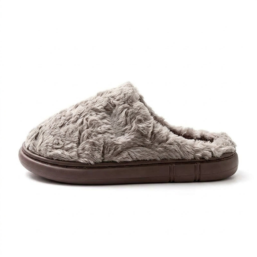 [WHOLESALE ONLY - CONTACT TO ORDER] Unisex Plush Faux Fur Memory Foam Winter House Slippers - Thick Platform Anti-Slip Sole Clogs (Warm Taupe Grey) [FM-103]