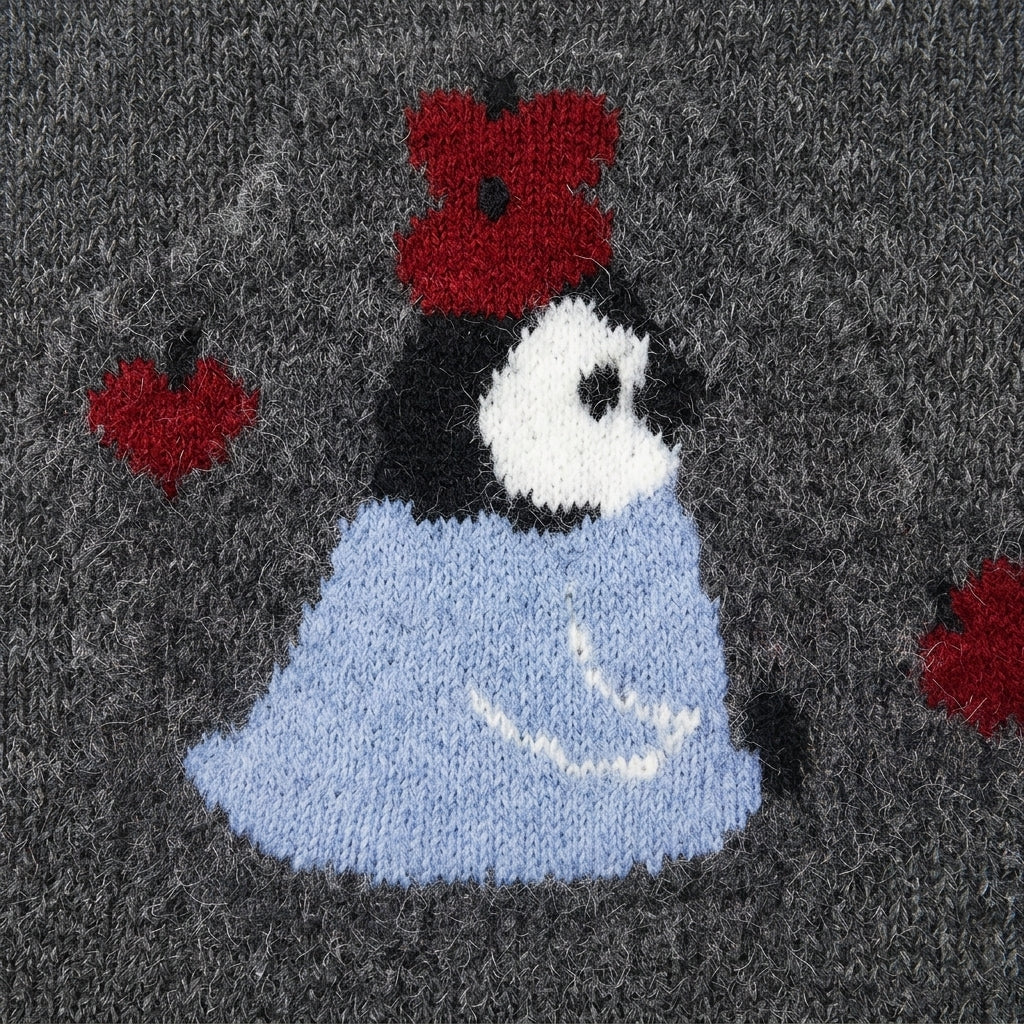 [WHOLESALE ONLY - CONTACT TO ORDER] Women's / Unisex Whimsical Fuzzy Penguin & Red Apple Intarsia Knit Sweater with Contrast Sky Blue Scalloped Tipping (Heather Charcoal Grey) [AW-234]