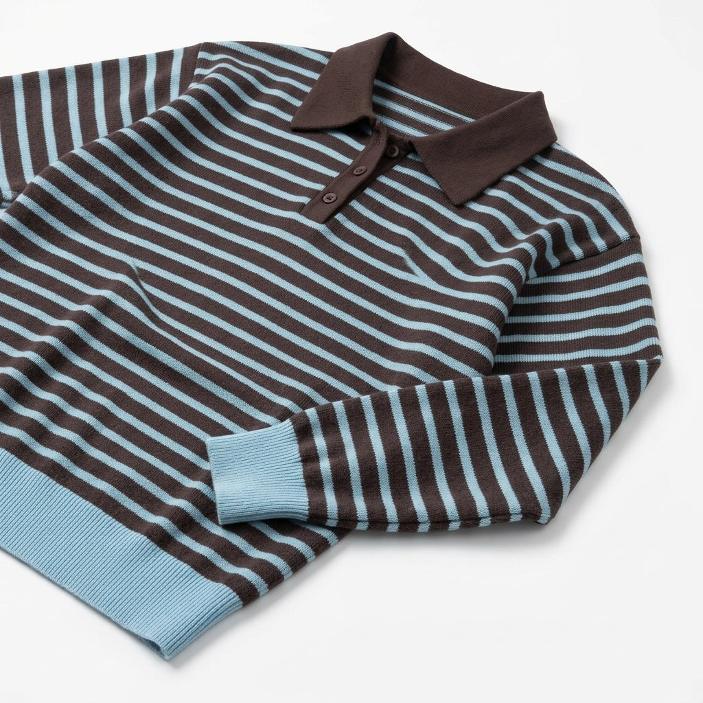 [WHOLESALE ONLY - CONTACT TO ORDER] Unisex Vintage Preppy Yarn-Dyed Striped Polo Collar Knit Pullover Sweater (Espresso Brown & Dusty Sky Blue) [AW-200]