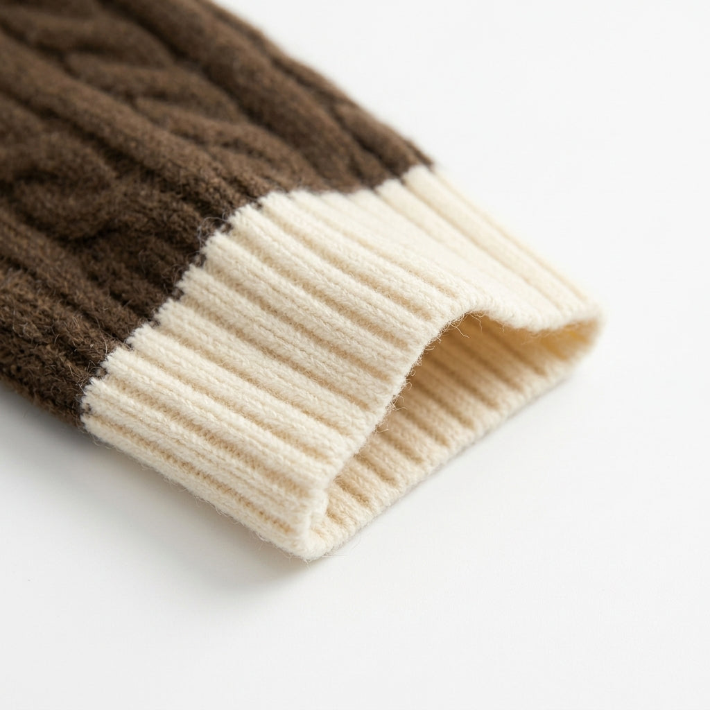 [WHOLESALE ONLY - CONTACT TO ORDER] Women's Preppy Cable-Knit V-Neck Polo Collar Layered Pullover Sweater (Espresso Brown & Cream) [AW-121]