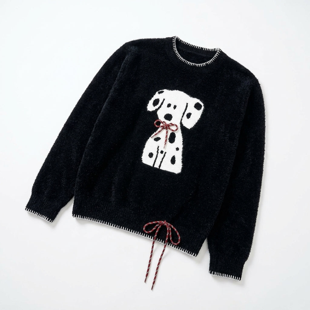[WHOLESALE ONLY - CONTACT TO ORDER] Women's / Unisex Whimsical Fuzzy Plush Dalmatian Dog Intarsia Crewneck Knit Sweater with Blanket-Stitch Trim & Drawstring Hem (Jet Black) [AW-237]