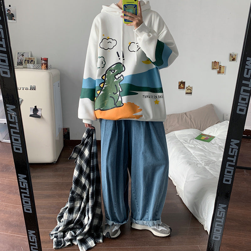 [WHOLESALE ONLY - CONTACT TO ORDER] Unisex Heavyweight Cotton Blend Cartoon Dinosaur Landscape Graphic Fleece Pullover Hoodie (Pure White) [AW-530]