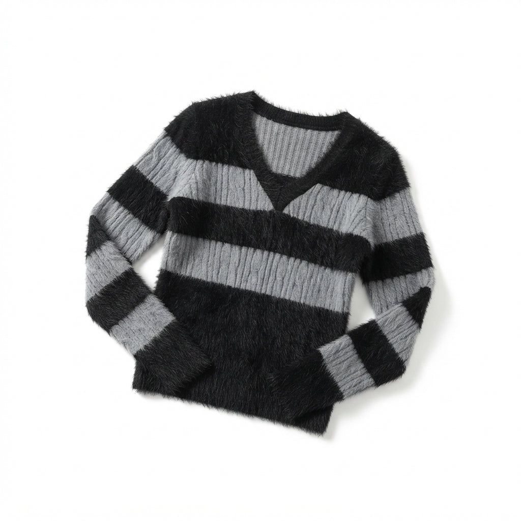 [WHOLESALE ONLY - CONTACT TO ORDER] Women's Grunge Y2K Striped Fuzzy Eyelash & Cable-Knit V-Neck Pullover Sweater with Ribbed Inset (Noir Black & Heather Grey) [AW-213]