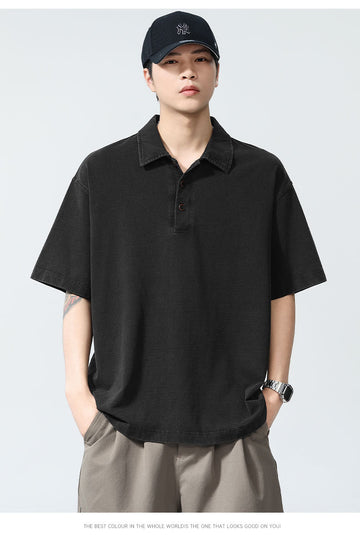 Men’s Heavyweight Washed T-Shirt – Vintage Loose Fit Drop Shoulder with Denim Collar[NA-012]