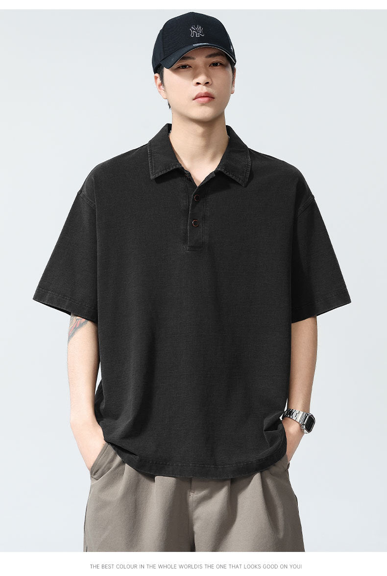 Men’s Heavyweight Washed T-Shirt – Vintage Loose Fit Drop Shoulder with Denim Collar[NA-012]