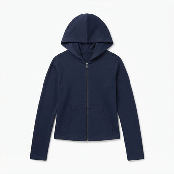 [WHOLESALE ONLY - CONTACT TO ORDER] Women's Heavyweight 340GSM 85% Combed Cotton Fleece Slim-Fit Full-Zip Hoodie with Kangaroo Pockets (Midnight Navy) [AW-105]