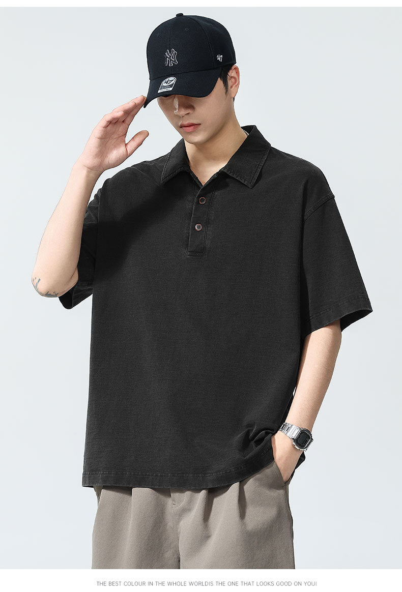 Men’s Heavyweight Washed T-Shirt – Vintage Loose Fit Drop Shoulder with Denim Collar[NA-012]