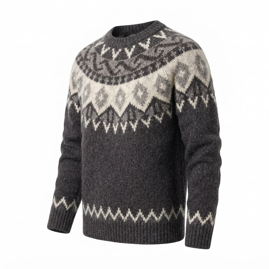 [WHOLESALE ONLY - CONTACT TO ORDER] Unisex Nordic Fair Isle Circular Yoke Brushed Knit Crewneck Pullover Sweater (Heather Charcoal Grey) [AW-211]