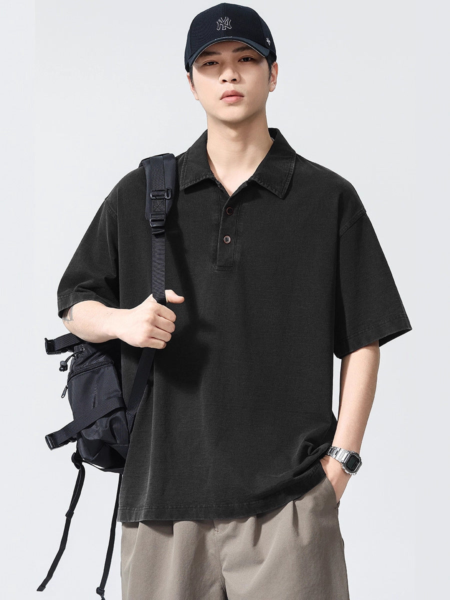 Men’s Heavyweight Washed T-Shirt – Vintage Loose Fit Drop Shoulder with Denim Collar[NA-012]