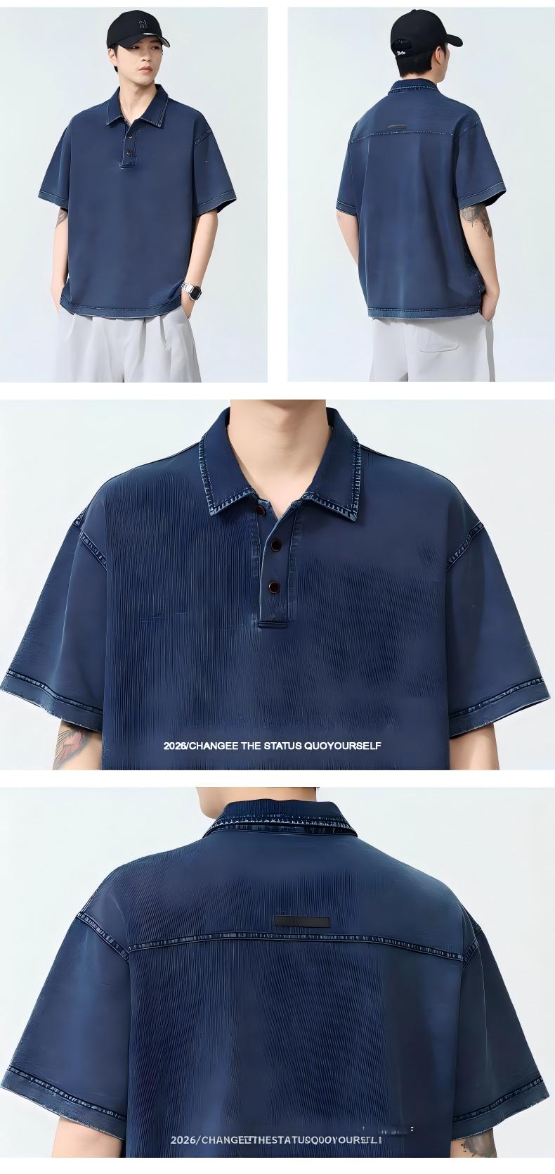 Men’s Heavyweight Washed T-Shirt – Vintage Loose Fit Drop Shoulder with Denim Collar[NA-012]