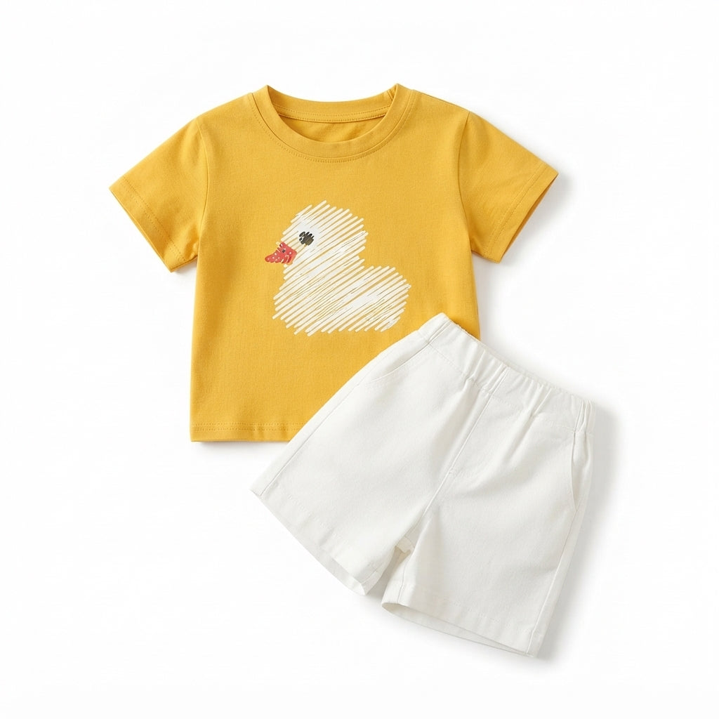 [WHOLESALE ONLY - CONTACT TO ORDER] Toddler Boys Summer 100% Cotton Graphic T-Shirt & Chino Shorts Set - Mustard Yellow Scribble Duck Casual Loungewear [KW-159]