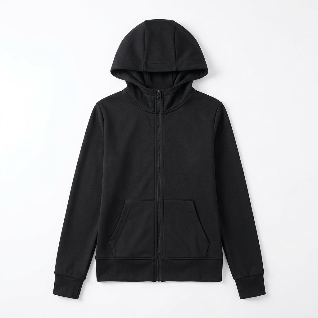 [WHOLESALE ONLY - CONTACT TO ORDER] Women's Heavyweight 340GSM 85% Combed Cotton Fleece Slim-Fit Full-Zip Hoodie with Kangaroo Pockets (Pitch Black) [AW-103]