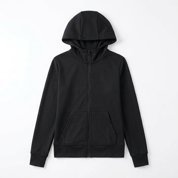 [WHOLESALE ONLY - CONTACT TO ORDER] Women's Heavyweight 340GSM 85% Combed Cotton Fleece Slim-Fit Full-Zip Hoodie with Kangaroo Pockets (Pitch Black) [AW-103]
