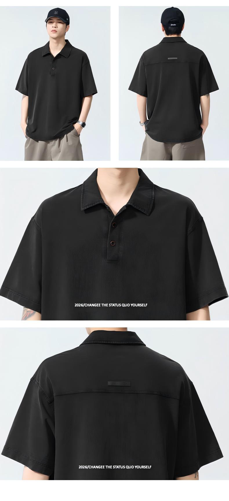 Men’s Heavyweight Washed T-Shirt – Vintage Loose Fit Drop Shoulder with Denim Collar[NA-012]