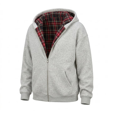 [WHOLESALE ONLY - CONTACT TO ORDER] Unisex Heavyweight 380GSM 80% Cotton Fleece Red & Green Tartan Plaid Lined Full-Zip Oversized Hoodie (Heather Light Grey) [AW-113]