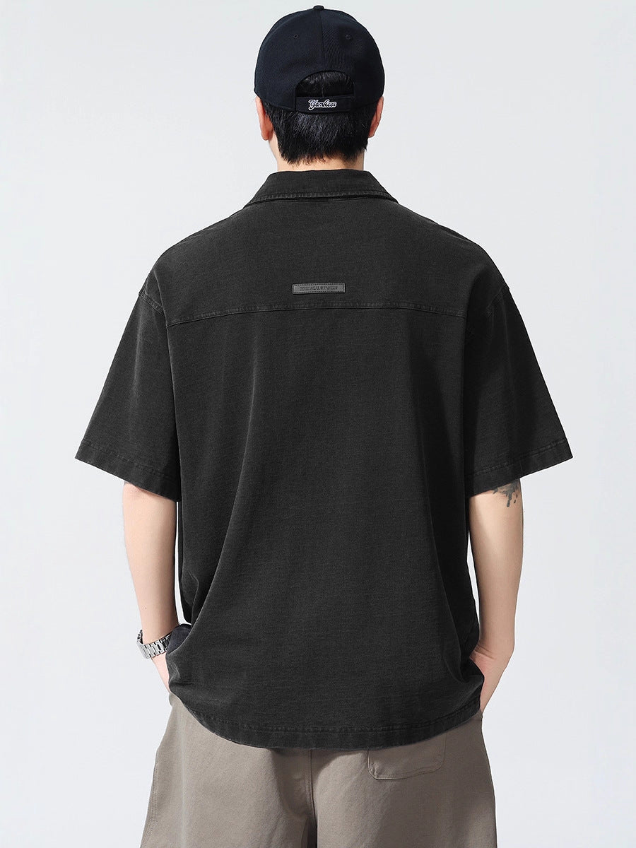 Men’s Heavyweight Washed T-Shirt – Vintage Loose Fit Drop Shoulder with Denim Collar[NA-012]