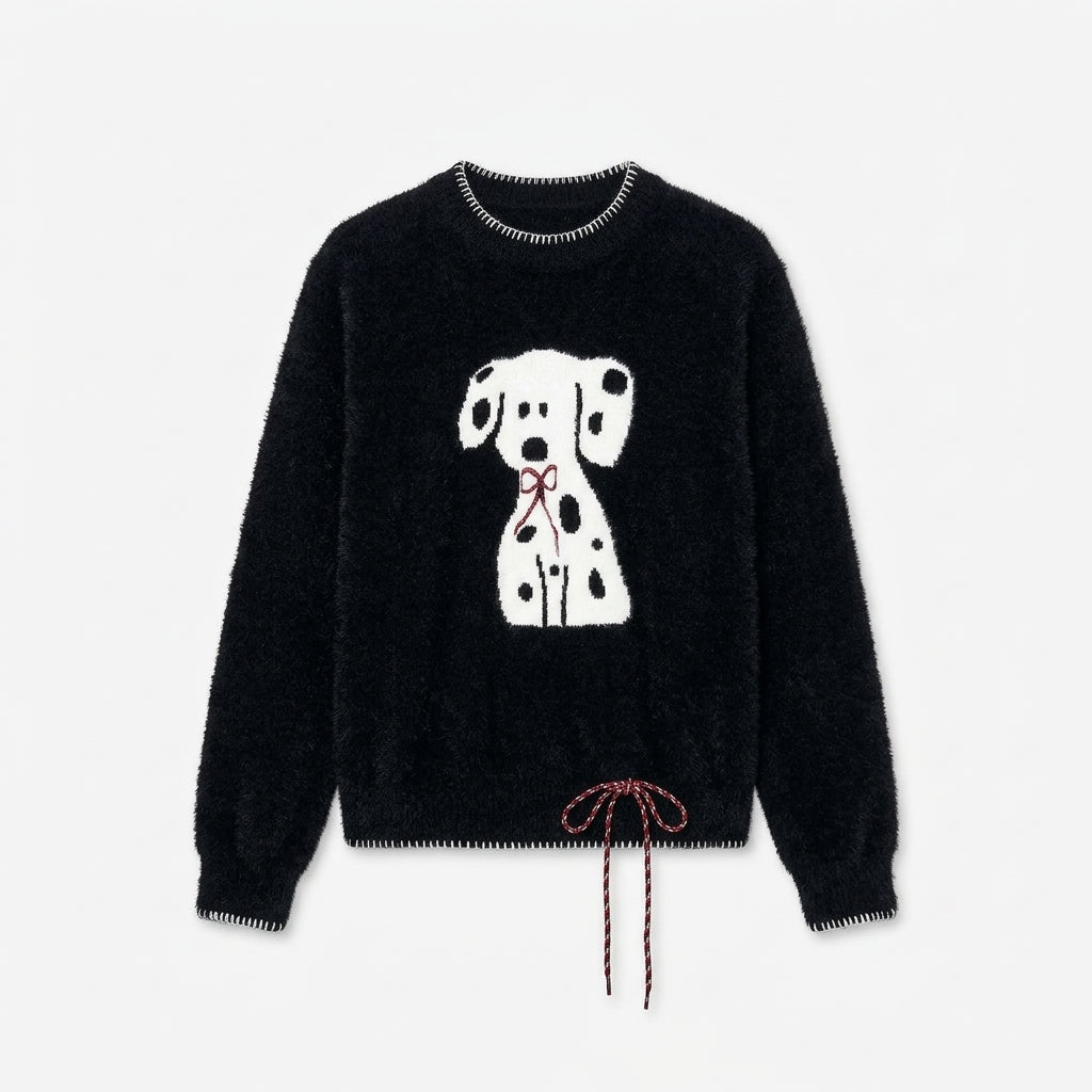 [WHOLESALE ONLY - CONTACT TO ORDER] Women's / Unisex Whimsical Fuzzy Plush Dalmatian Dog Intarsia Crewneck Knit Sweater with Blanket-Stitch Trim & Drawstring Hem (Jet Black) [AW-237]