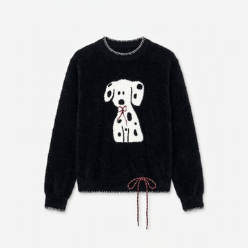 [WHOLESALE ONLY - CONTACT TO ORDER] Women's / Unisex Whimsical Fuzzy Plush Dalmatian Dog Intarsia Crewneck Knit Sweater with Blanket-Stitch Trim & Drawstring Hem (Jet Black) [AW-237]