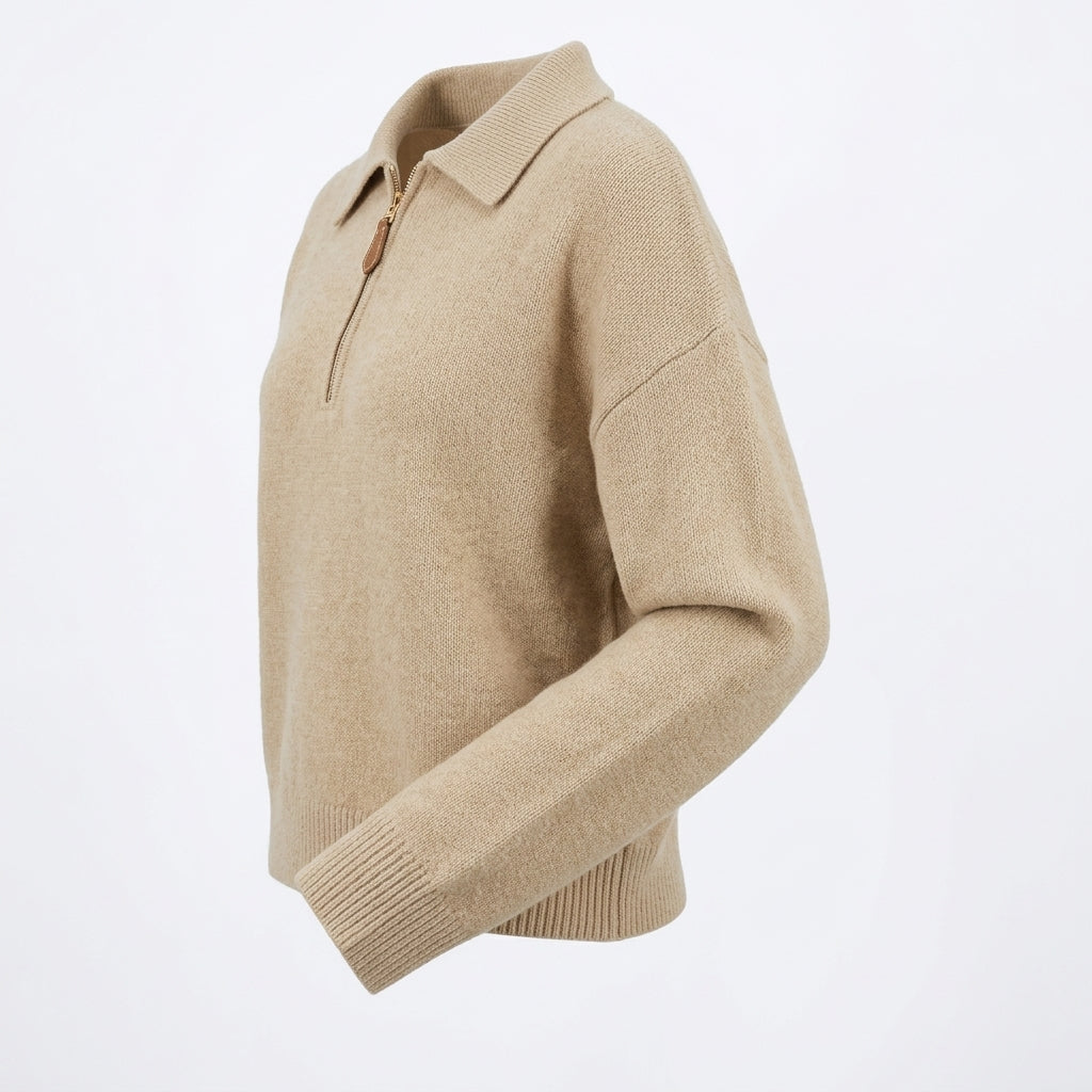 [WHOLESALE ONLY - CONTACT TO ORDER] Women's Ultra-Soft Cashmere-Feel Plain Knit Polo Collar Quarter-Zip Pullover Sweater with Suede Leather Pull (Heather Oatmeal Melange) [AW-215]