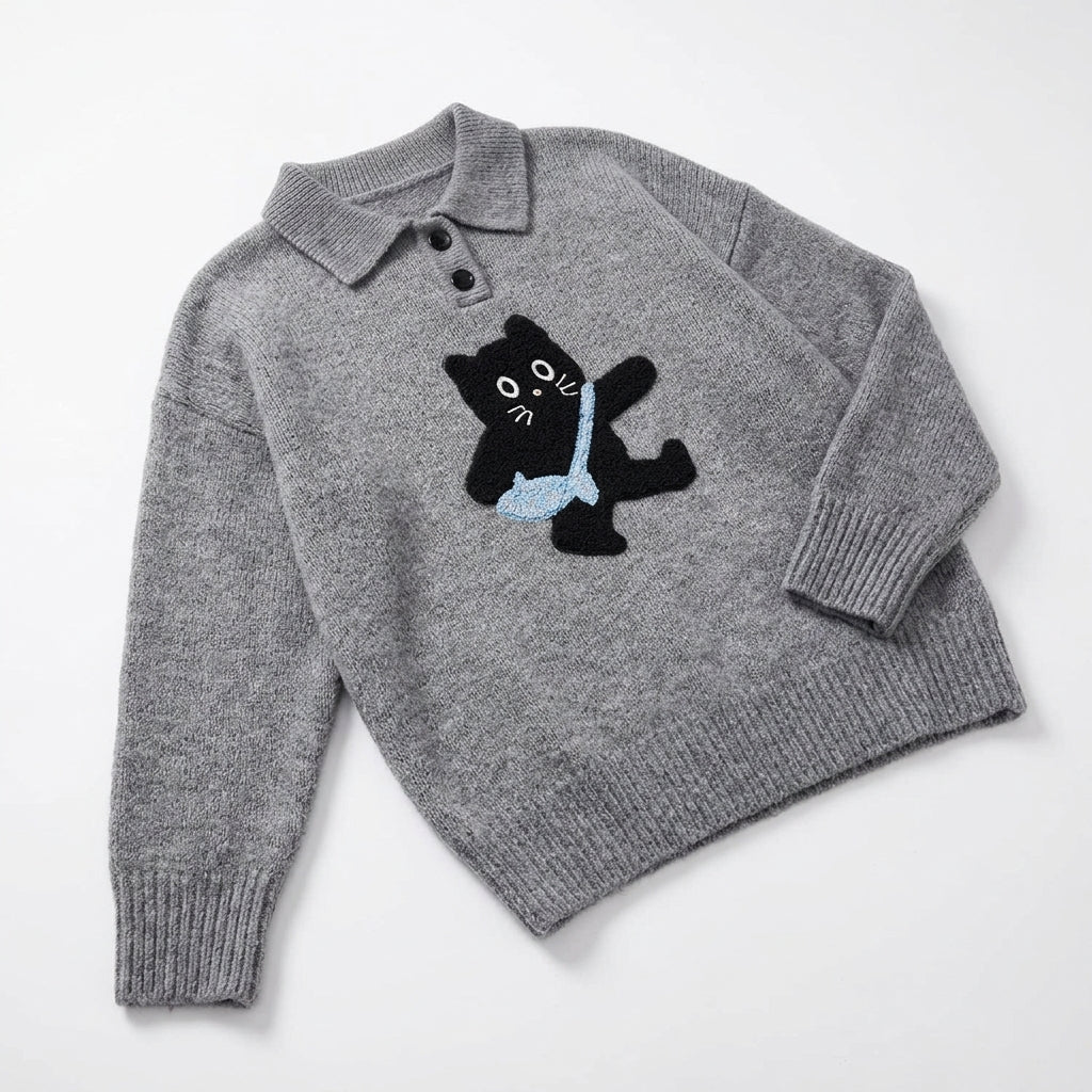 [WHOLESALE ONLY - CONTACT TO ORDER] Women's / Unisex Whimsical Messenger Black Cat Chenille Patch Knit Polo Sweater with Ribbed Collar (Heather Medium Grey) [AW-228]