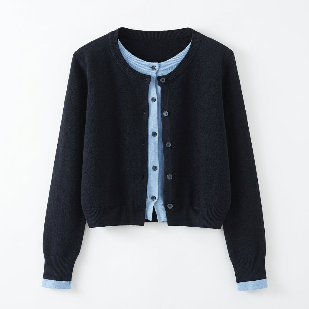 [WHOLESALE ONLY - CONTACT TO ORDER] Women's Preppy 2-in-1 Layered Crewneck Button-Front Cardigan Sweater (Midnight Navy & Sky Blue) [AW-190]