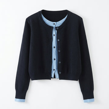 [WHOLESALE ONLY - CONTACT TO ORDER] Women's Preppy 2-in-1 Layered Crewneck Button-Front Cardigan Sweater (Midnight Navy & Sky Blue) [AW-190]