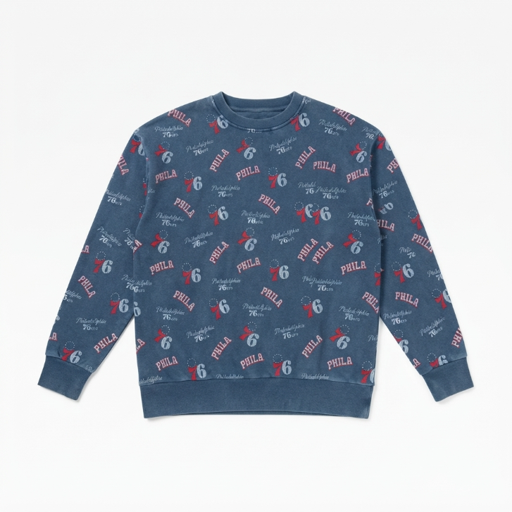 [WHOLESALE ONLY - CONTACT TO ORDER] NBA Philadelphia 76ers Vintage Mineral Washed All-Over Print Crewneck Sweatshirt Long Sleeve Pullover - Do Not Buy Direct