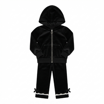 [WHOLESALE ONLY - CONTACT TO ORDER] Girls Black Velour Zip Hoodie and Lace-Trim Flared Sweatpants 2-Piece Tracksuit Set - Soft Cotton Blend Loungewear (Do Not Order Directly)