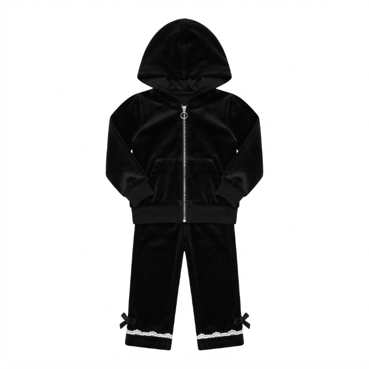 [WHOLESALE ONLY - CONTACT TO ORDER] Girls Black Velour Zip Hoodie and Lace-Trim Flared Sweatpants 2-Piece Tracksuit Set - Soft Cotton Blend Loungewear (Do Not Order Directly)