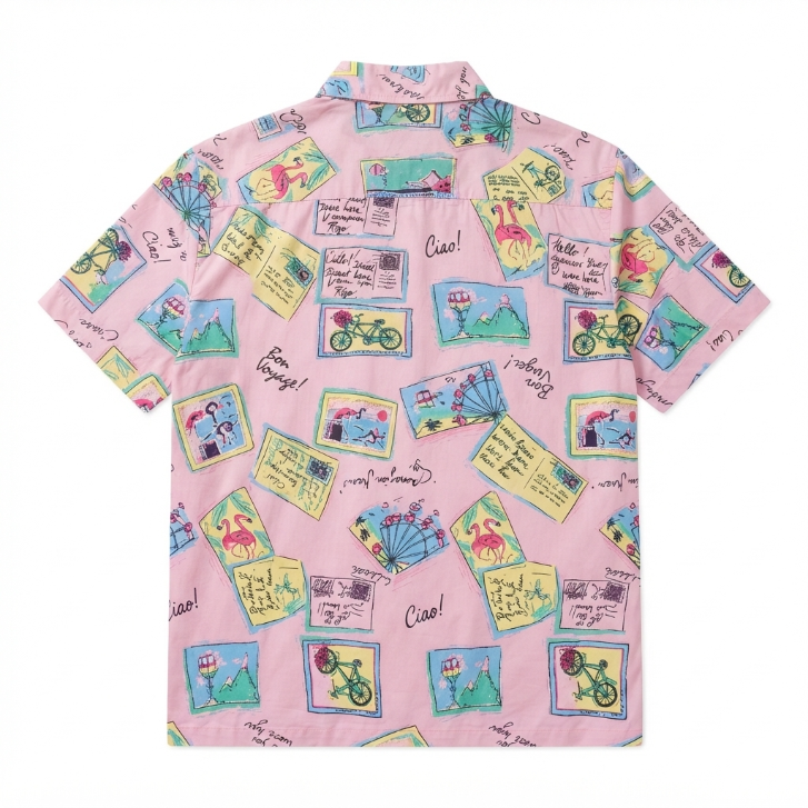 [WHOLESALE ONLY - CONTACT TO ORDER] Women's Travel Postcard Print Ruffle Pajama Set 2-Piece Short Sleeve Button-Down Top and Pants - Do Not Buy Direct
