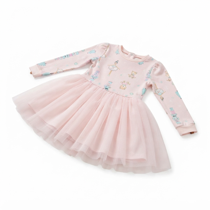 [WHOLESALE ONLY - CONTACT TO ORDER] Toddler & Girls Pastel Pink Nutcracker Ballerina Long Sleeve Tulle Tutu Dress - Holiday Catalog Display Only (Do Not Order Directly)