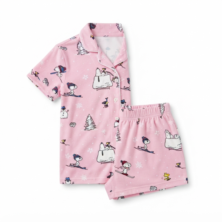 [WHOLESALE ONLY - CONTACT TO ORDER] Women's Snoopy Winter Ski Plush Fleece Short Pajama Set 2-Piece Button-Down Top and Shorts Pink - Do Not Buy Direct