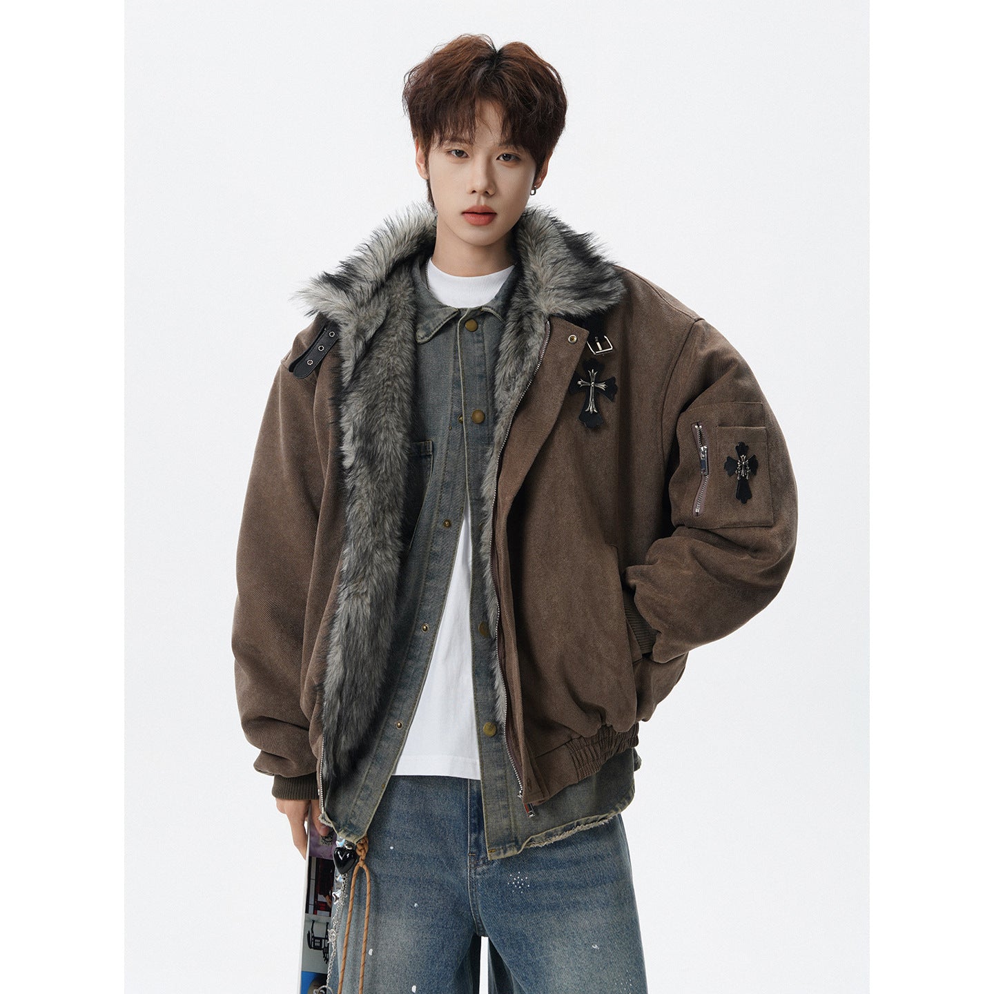 American Retro Soaring Eagle Fur Collar Fleece Lined Puffer Jacket [DROP3-007]