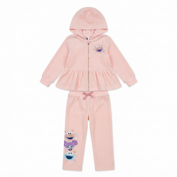[WHOLESALE ONLY - CONTACT TO ORDER] Toddler Girls Pink Velour Peplum Zip Hoodie and Sweatpants 2-Piece Set - Cozy Cotton Fleece Cartoon Character Loungewear (Do Not Order Directly)