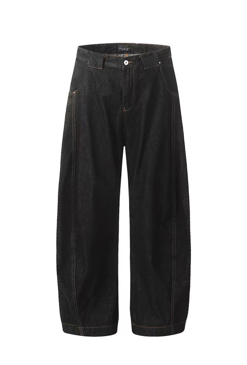 Unisex Vintage Black Denim Scimitar-Cut Wide-Leg Pants