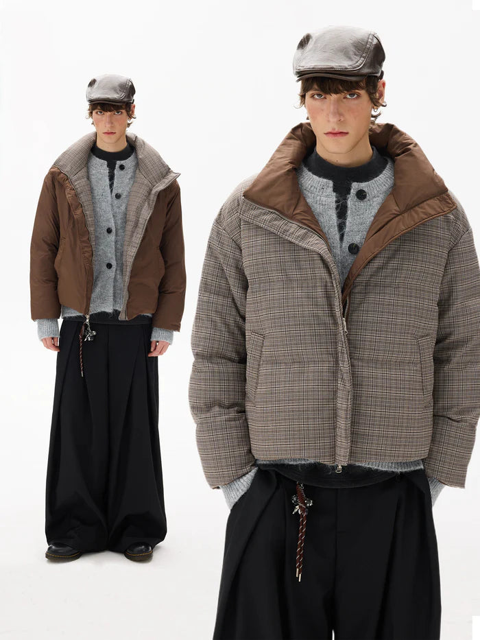 Reversible Color-Block Plaid Down Jacket [DROP2-007]