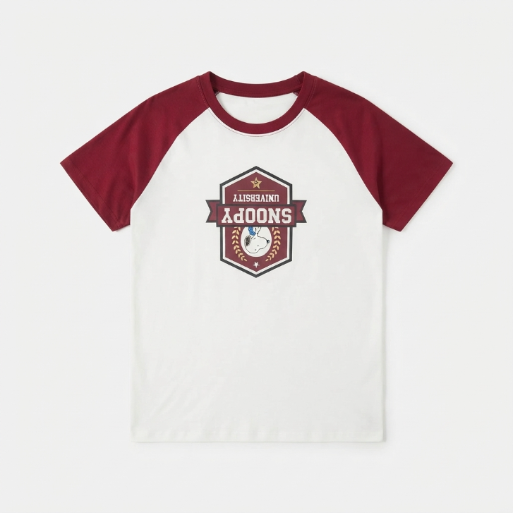 [WHOLESALE ONLY - CONTACT TO ORDER] Women's Snoopy University Raglan Pajama Set 2-Piece Short Sleeve Graphic Tee and Shorts Burgundy - Do Not Buy Direct