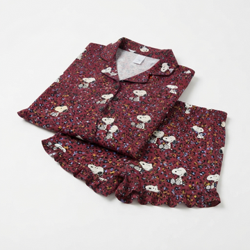 [WHOLESALE ONLY - CONTACT TO ORDER] Women's Snoopy Ditsy Leopard Print Pajama Set 2-Piece Short Sleeve Button-Down Top and Ruffle Shorts Burgundy - Do Not Buy Direct