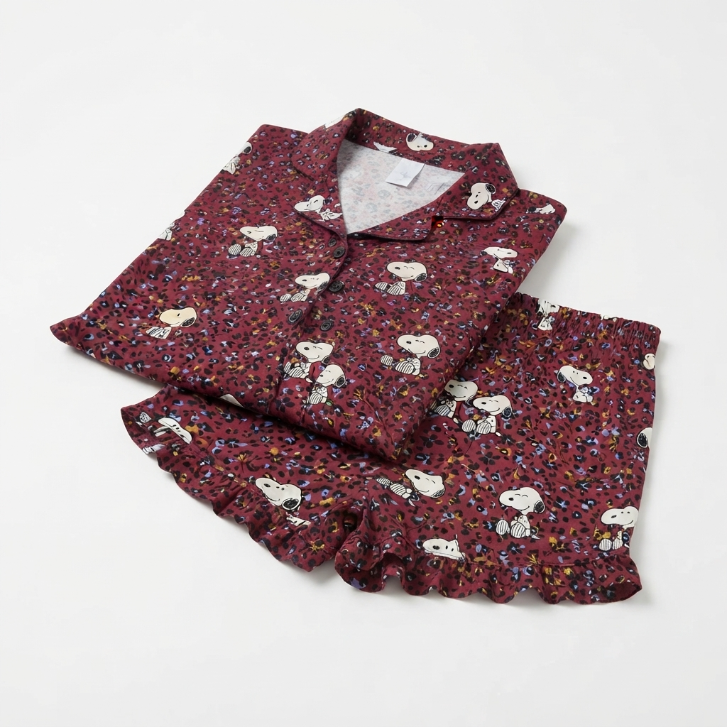 [WHOLESALE ONLY - CONTACT TO ORDER] Women's Snoopy Ditsy Leopard Print Pajama Set 2-Piece Short Sleeve Button-Down Top and Ruffle Shorts Burgundy - Do Not Buy Direct