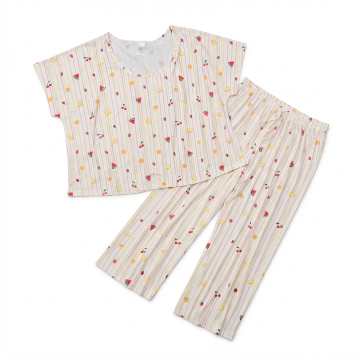 [WHOLESALE ONLY - CONTACT TO ORDER] Women's Plus Size Fruit Print Striped Pajama Set 2-Piece Drop-Shoulder Top and Cropped Lounge Pants - Do Not Buy Direct