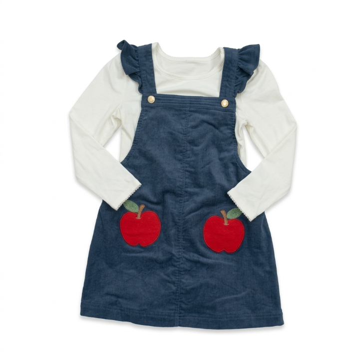 [WHOLESALE ONLY - CONTACT TO ORDER] Toddler Girls 2-Piece Fall Corduroy Pinafore Overall Dress & Long Sleeve Tee Set with Apple Appliques (Navy) - Catalog Display Only (Do Not Order Directly)