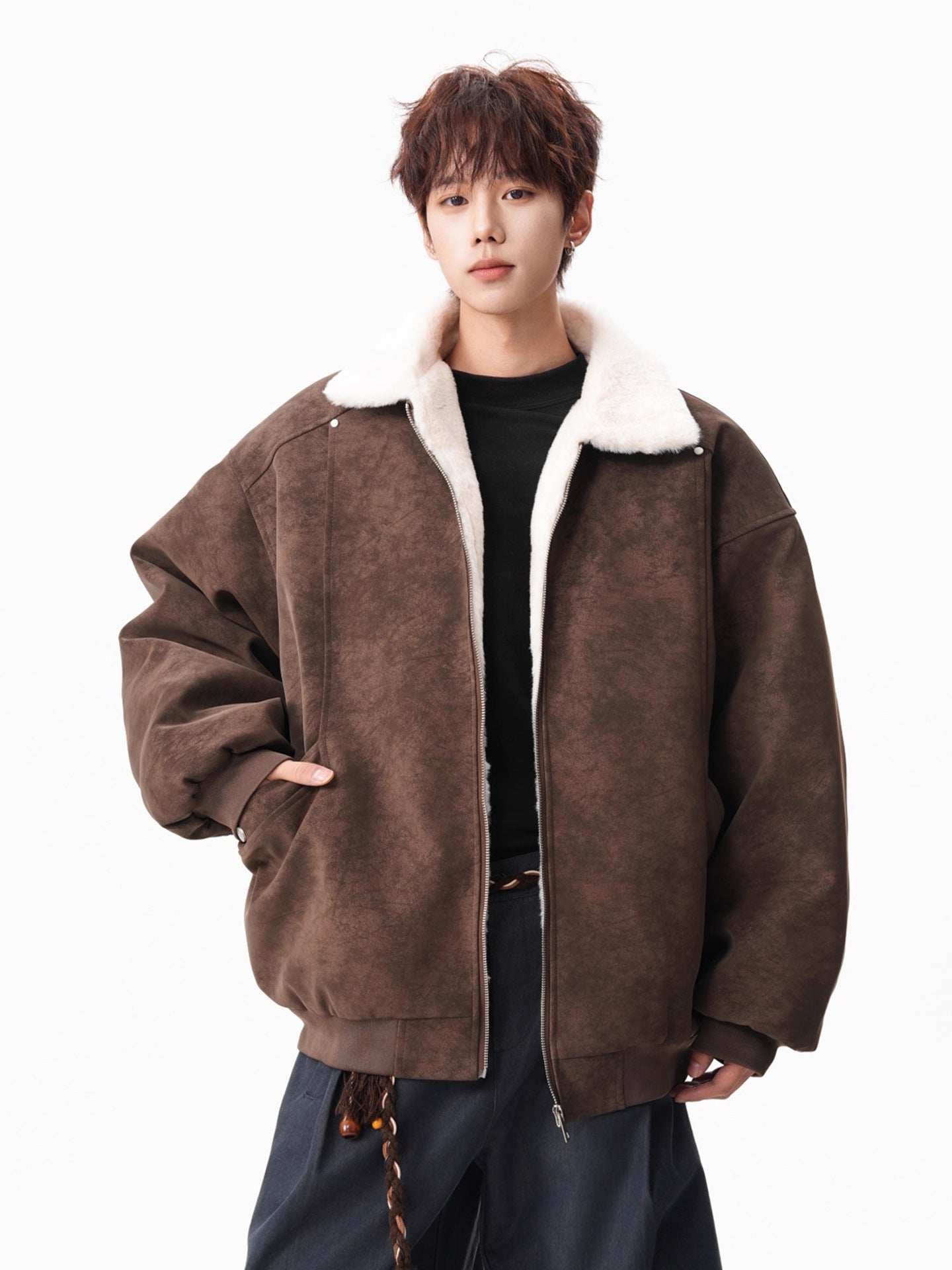 American-Style PU Leather Jacket with Sherpa Lining[DROP3-018]