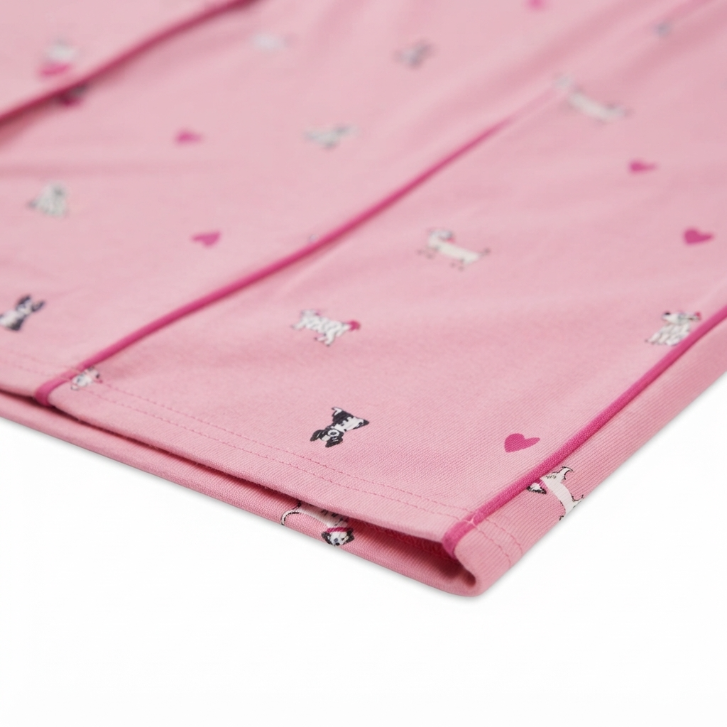 [WHOLESALE ONLY - CONTACT TO ORDER] Women's Pink Puppy & Heart Print Pajama Top Short Sleeve Button-Down Notch Collar Sleep Shirt - Do Not Buy Direct