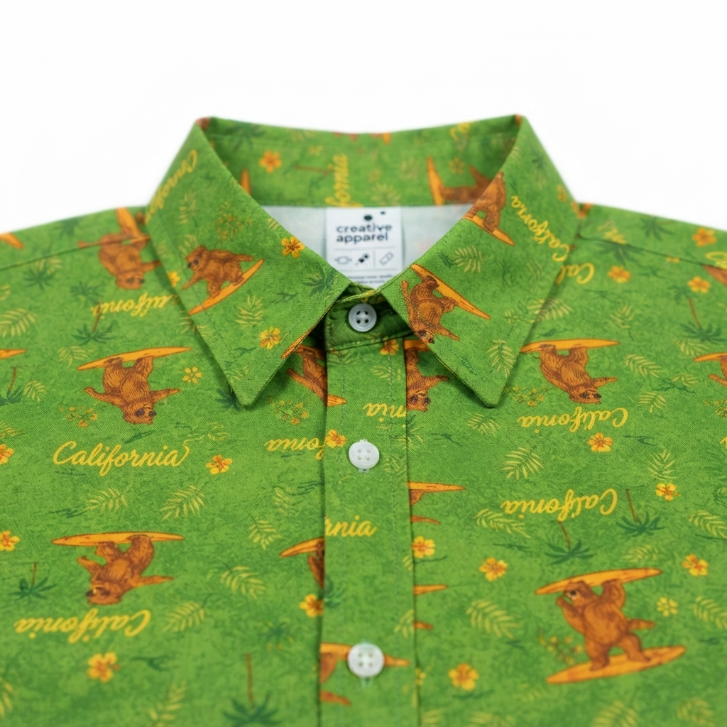 [WHOLESALE ONLY - CONTACT TO ORDER] Men's California Surfing Bear Hawaiian Aloha Shirt Retro Green Short Sleeve Resort Beach Button Up - Do Not Buy Direct