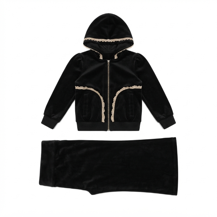 [WHOLESALE ONLY - CONTACT TO ORDER] Toddler & Girls Black Velour Zip-Up Hoodie & Foldover Flare Pants 2-Piece Set with Crochet Lace Trim - Catalog Display Only (Do Not Order Directly)