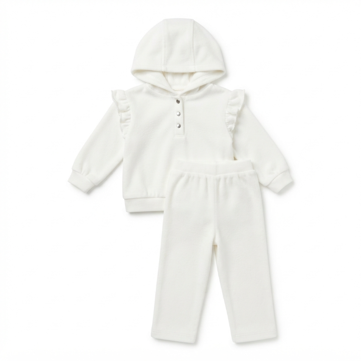 [WHOLESALE ONLY - CONTACT TO ORDER] Baby & Toddler Girls Cozy Cream Fleece Ruffle Hoodie & Snap-Crotch Pants 2-Piece Lounge Set - Catalog Display Only (Do Not Order Directly)