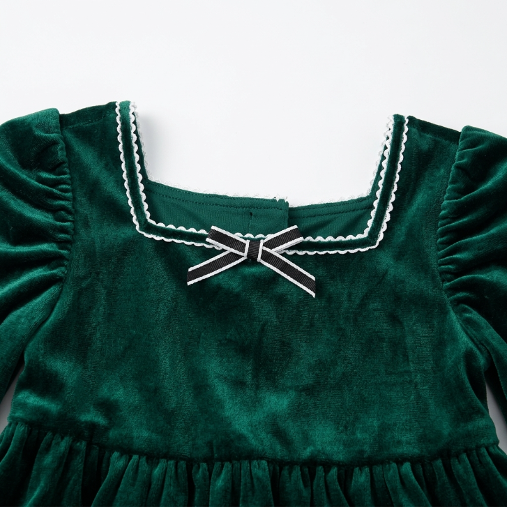 [WHOLESALE ONLY - CONTACT TO ORDER] Toddler & Girls Emerald Green Velvet Long Sleeve Ruffle Tiered Holiday Party Dress with Lace Square Neck - Catalog Display Only (Do Not Order Directly)